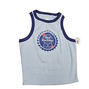 Pabst Blue Ribbon Logo Tank Top Sleeveless Shirt Light Blue Navy Ribbed Cotton L